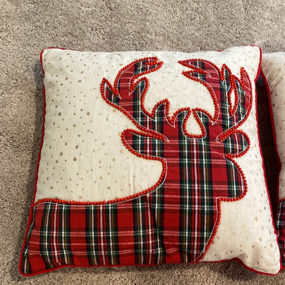 Plaid Reindeer Beaded Christmas Decorative set of 2 Pillows